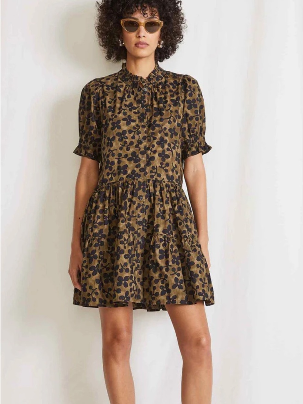 Apiece Apart Las Alturas Olive with Black Floral Ruffle Mini Dress